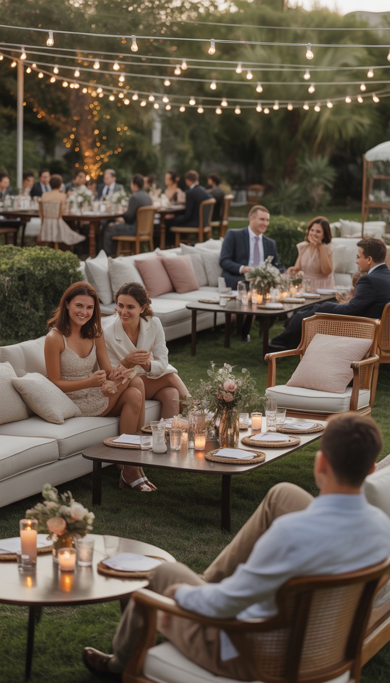 Outdoor wedding dinner party with comfortable seating groups arranged for conversation, decorated tables, and guests talking and enjoying the event.